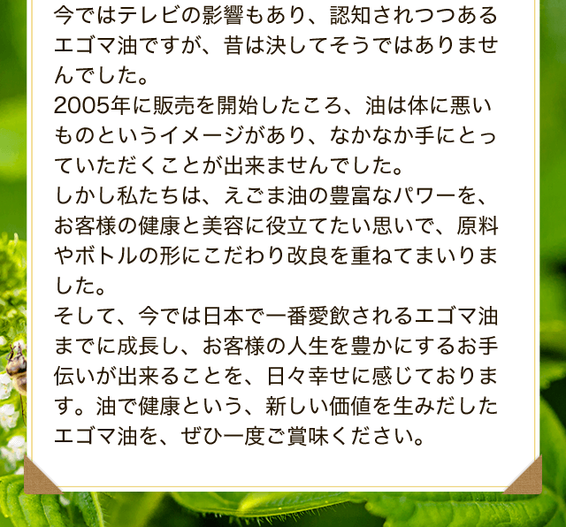 今ではテレビの影響もあり、認知されつつあるエゴマ油ですが、昔は決してそうではありませんでした
2005年に販売を開始したころ、油は体に悪いものというイメージがあり、なかなか手にとっていただくことが出来ませんでした。
しかし私たちは、えごま油の豊富なパワーを、お客様の健康と美容に役立てたい思いで、原料やボトルの形にこだわり改良を重ねてまいりました。
そして、今では日本で一番愛飲されるエゴマ油までに成長し、お客様の人生を豊かにするお手伝いが出来ることを、日々幸せに感じております。油で健康という、新しい価値を生みだしたエゴマ油を、ぜひ一度ご賞味ください。